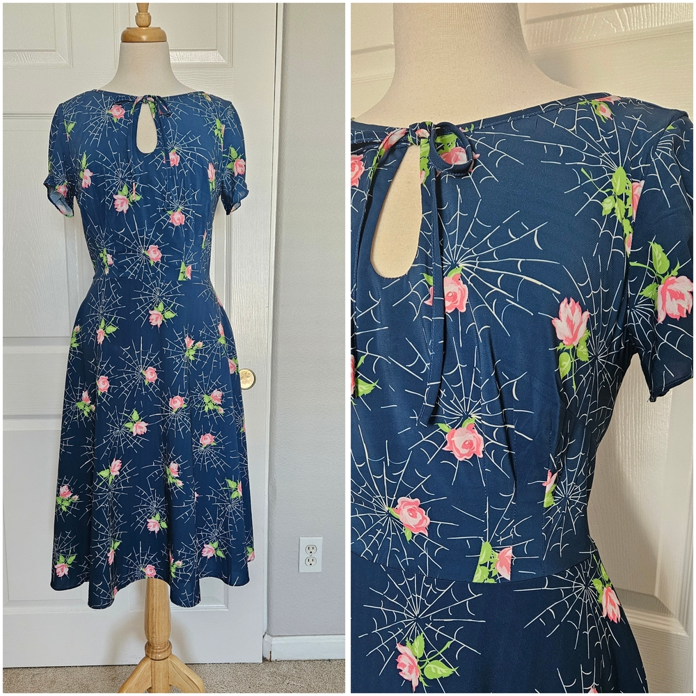Vintage Style Navy Spider Web And Roses Print Dress / Spiderweb Day Dress
